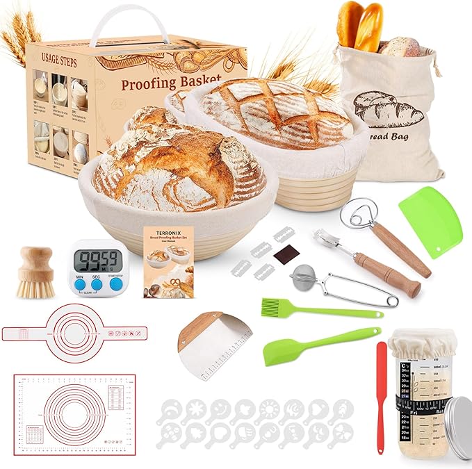 Complete Sourdough Starter Kit, 10" Oval and 9" Round Banneton Bread Proofing Basket with Glass Sourdough Starter Jar, Sourdough Bread Baking Supplies Kit Gifts for Bakers Women Wife Mom