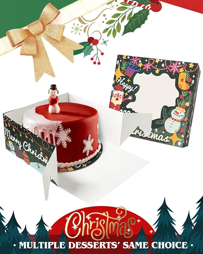 qiqee Christmas 12x12x6 Cake Box, 18 Sets Christmas Cake Box with Window ＆ 18 Sets 12" Christmas Snow Man Cake Round Boards, 12inch Cake Containers