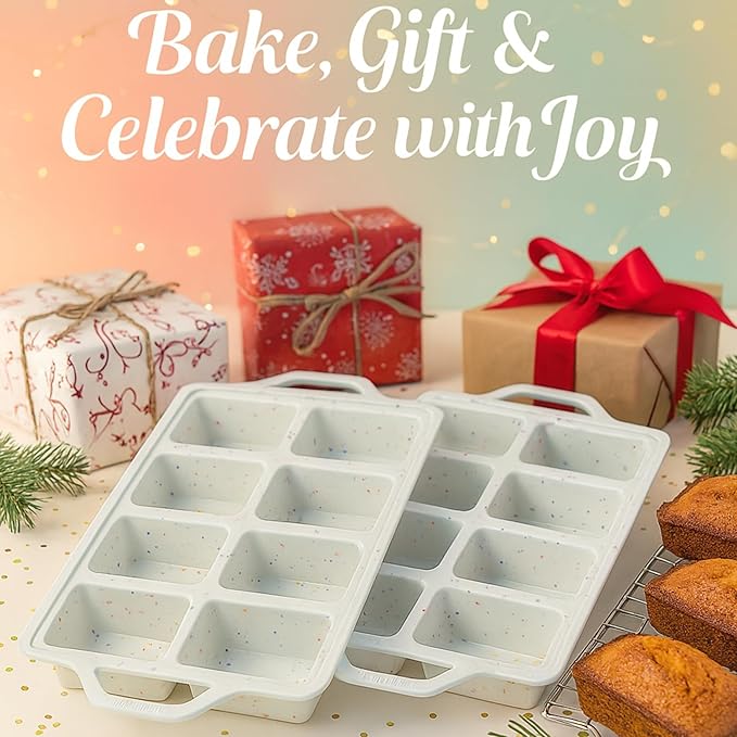 2-Pack Silicone Mini Loaf Pan Set – 8-Cavity Nonstick Baking Molds with Metal-Reinforced Handles – BPA-Free, Odor-Resistant Silicone Pans for Mini Bread, Cakes & Meatloaf – Cream