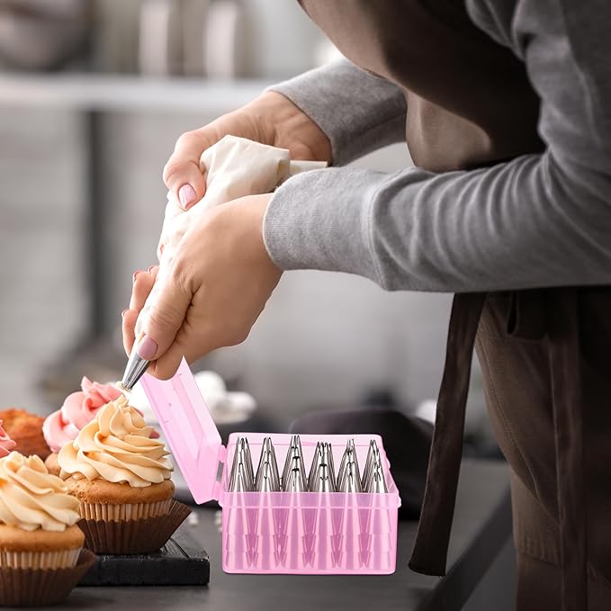 2pcs Piping Tip Box with Fixed Pins 84 Piping Tip Organizer Baking Cake Decoration Tool Storage Box(Pink)