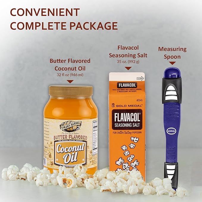 Popcorn Salt and Oil Gift Set - Flavacol Popcorn Seasoning Salt 35 oz. & Golden Barrel Butter Flavored Coconut Oil 32 oz. Bundled with Peaknip Measuring Spoon