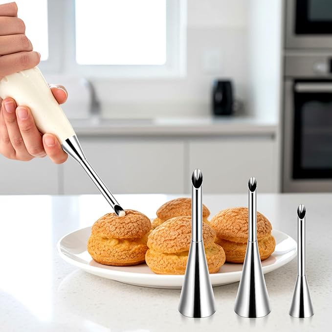Puff Cupcake Filling Piping Tip Set, 50 Pcs Pastry Bags 3 Pcs Tips Stainless Steel Long Puff Nozzle Tip Disposable Clear Pipes Bag with 1 Piece Cleaning Brush for Birthday Wedding Christmas Donuts