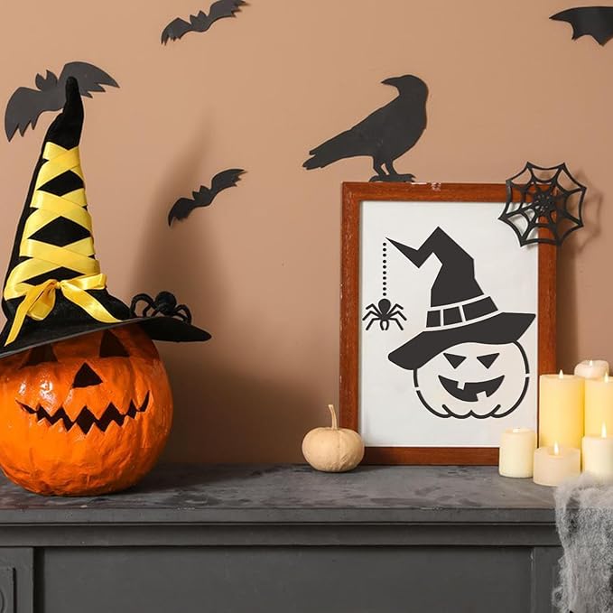 80 Pcs 6 x 6 Inch Halloween Stencils for Painting on Wood, Reusable Happy Pumpkin Spider Web Stencil DIY Ornaments Ghost Paint Template Set for Wall Door Home Decor