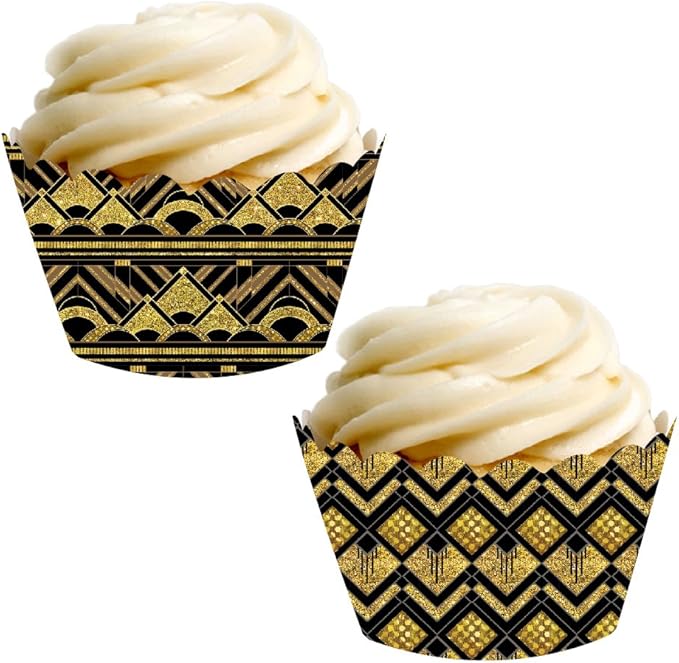 Andaz Press Party Cupcake Wrapper Decorations, Art Deco Black and Gold, 24-Pack, Theme Colored Bulk Cake Supplies