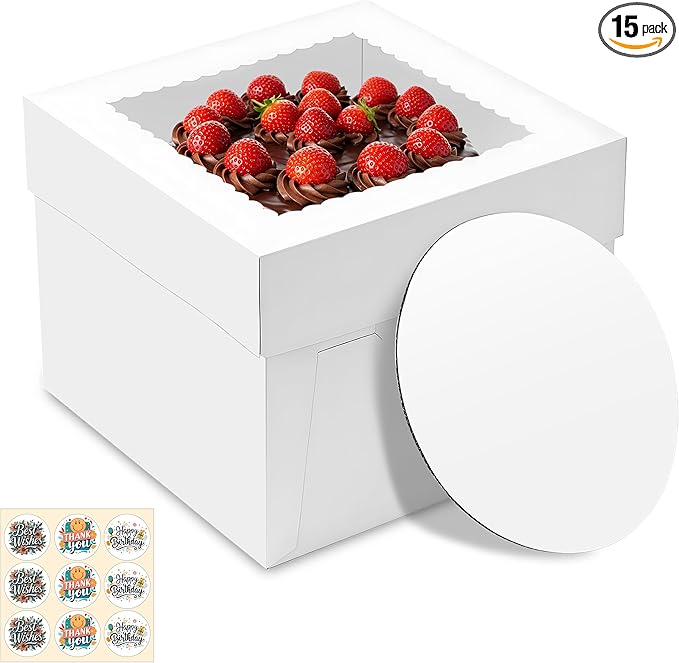 15 Pack Cake Boxes, 10x10x8 Inches Tall Cakes Box with Window, White Cake Boxes with Cakes Boards, Square Bakery Box, for Cake, Treat Cookie Dessert, Pastry, Birthday Party, Mother's Day, Weddings
