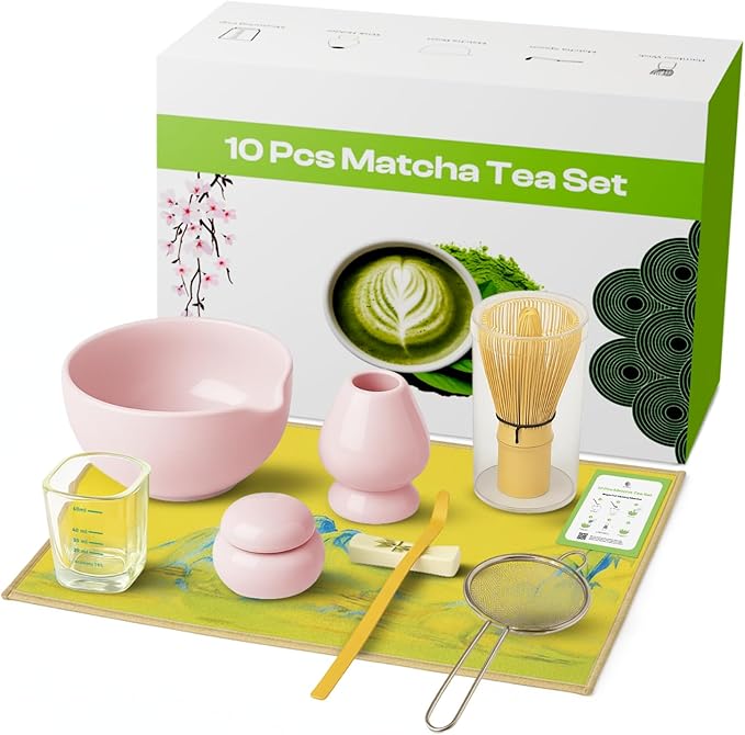 10 Pcs Matcha Kit Set, Ceramic Matcha Set Includes 17oz Matcha Bowl, Bamboo Whisk and Scoop, Whisk Holder, Sifter, Scoop holder, Measuring Cup, Powder Caddy, Tea Towel and Instruction Manual (Pink)