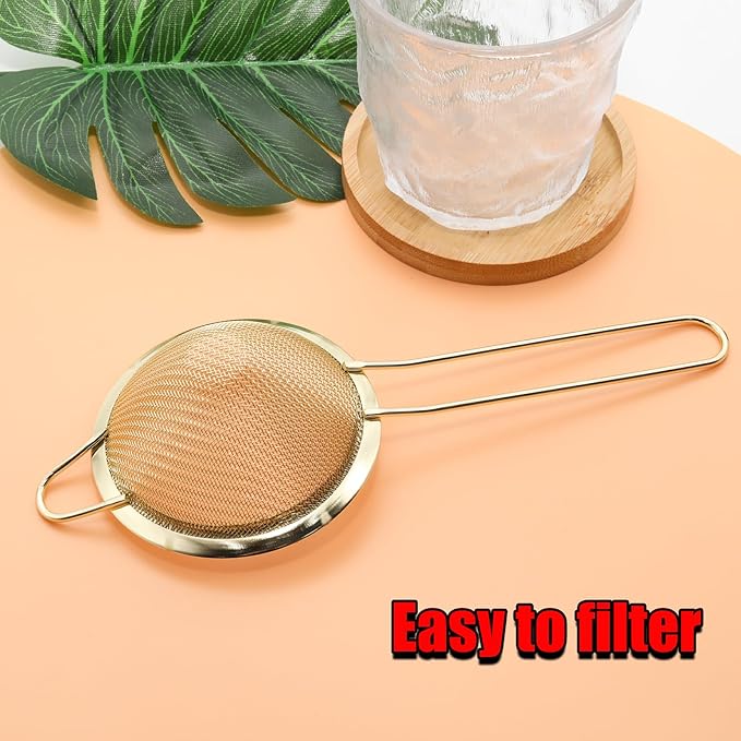 Gold Fine Mesh Strainer - 304 Stainless Steel Handheld Sieve, Small Kitchen Filter for Baking, Tea & Cocktail Making