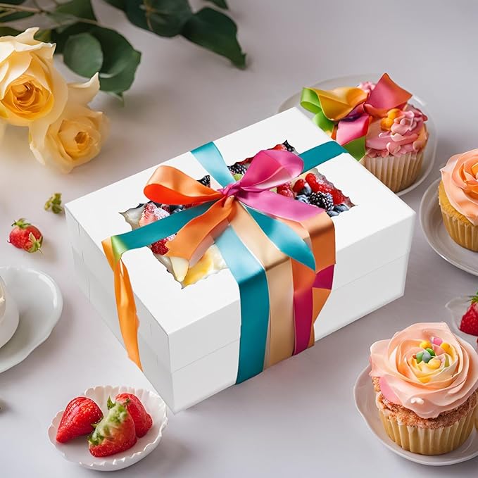 10pcs 14x10x6 Quarter Sheet Cake Boxes with 10 pcs Cake Boards - Rectangle Bakery Boxes with Window for Pastry Baking, Cupcakes, Donuts, Cookies, Pie Treat Packaging White Large