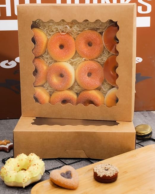 qiqee Auto-pop Up Brown Pie Boxes with Window 10x10x2.5 inch 20Packs Cookie Donut Bakery Box