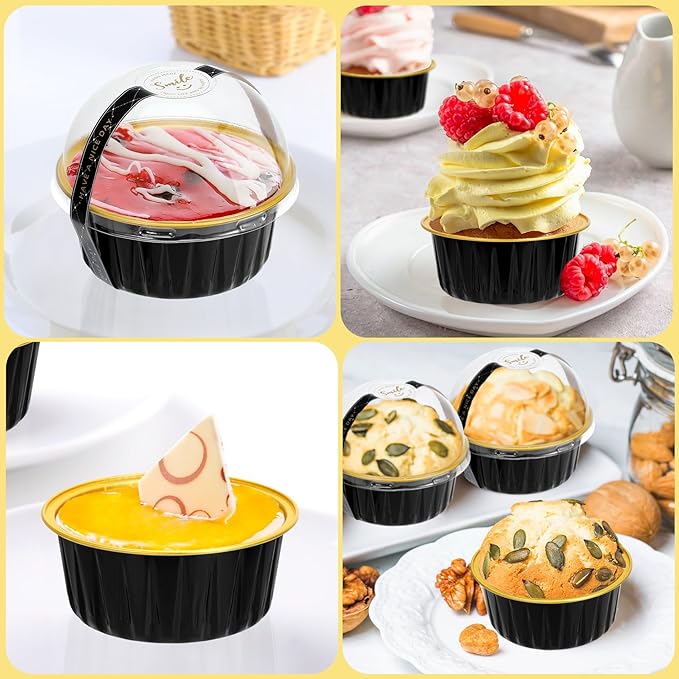 Mini Cake Pans with Lids and Spoons (40 Pack,Black,5oz) Round Disposable Ramekins - Sturdy Aluminum Foil Cupcake Liners with Lids for Dessert and Party