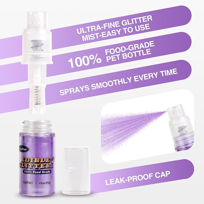 Purple Edible Glitter Spray 5g, Shimmer Edible Glitter for Cocktails, Food Grade Luster Dust for Beverages & Cake Decorating, Drinks, Baking, Chocolate