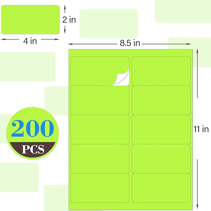 YSHIHE 2" x 4" Colored Labels Stickers, Green Bright, 24 Sheets, 240 Labels for Laser/Inkjet Printer, Printable Sticker Labels, Permanent Adhesive