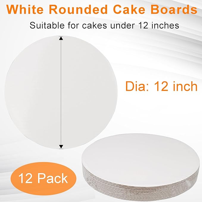 12 Inch White Round Cake Board - Sturdy Corrugated Cardboard Circle Base for Cakes - Disposable Plates 12-Pack