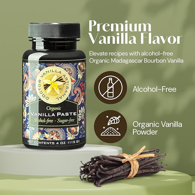 Organic Alcohol free Vanilla Paste - Bourbon, Madagascar, Kosher, Halal, non- GMO, Alcohol-Free, Sugar free, Gluten free, contains fresh vanilla powder