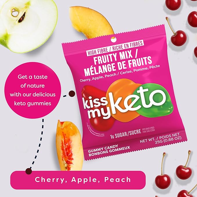 Kiss My Keto Sugar Free Gummies, Fruity Mix 32-Pack – Satisfy Cravings while Staying in Ketosis – High Fiber, 7g Net Carbs, Non-GMO, Vegan, & Gluten-Free – Low-Calorie Vegan Candy
