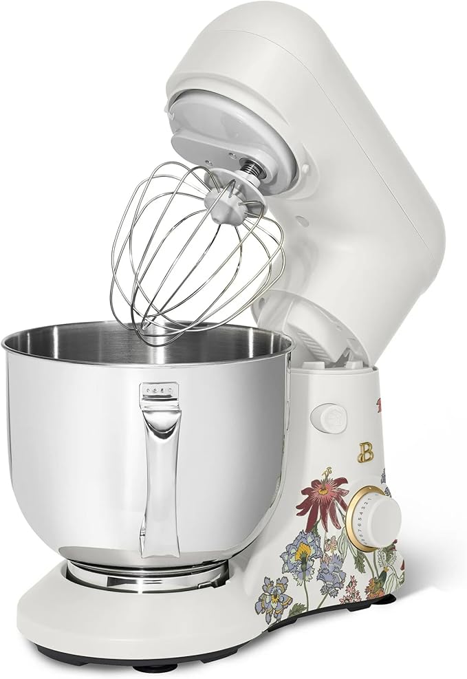 Beautiful 5.3 QT Stand Mixer w/Tilt-Head Design, Stainless Bowl, 300-Watt Power, 12-Speed Control, Includes Beater, Dough Hook, Whisk, Splash Shield (Wildflower White Icing)