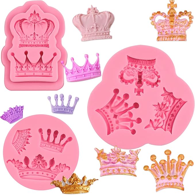 Mini Crown Fondant Molds 3pcs, 3D Crown Chocolate Cake Decorating Silicone Molds, for Dessert Display, Cupcake Toppers, Candy, Sugar Craft, Cookies, Marzipan, Polymer Clay, Epoxy Resin, Gypsum