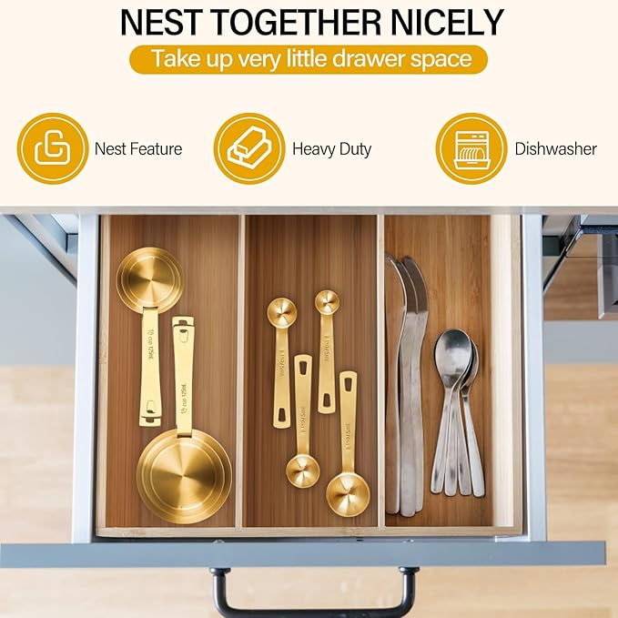 Stainless Steel Measuring Cups & Spoons Set, 8 Piece Stackable Accurate Tablespoon, Kitchen Gadgets for Cooking & Baking, Large, Golden