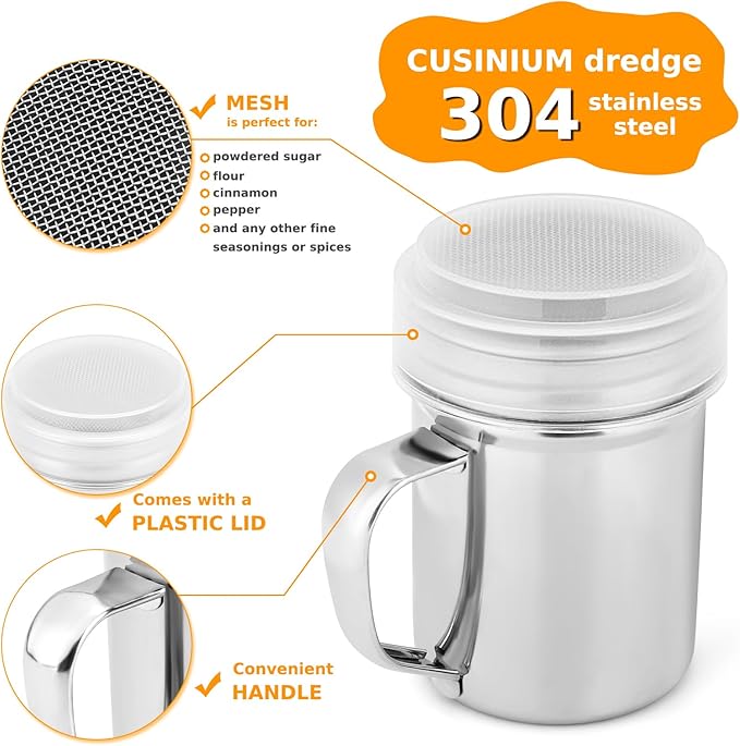 Accmor 2 Pack Powdered Sugar Shaker Duster, Cinnamon Shaker Flour Sifter, Fine Mesh Stainless Steel Dredge for Baking Soda Flour Cinnamon Cocoa