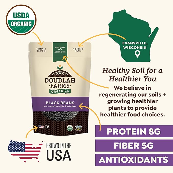 Organic Dried Black Beans 5 lb, Unsalted, Low-Sodium, Non-GMO, Farmed From Regenerative Soil, Tested Clean Certified – Rich in Fiber & Protein – Perfect for Soups, Burritos, Salads & Chili by Doudlah Farms