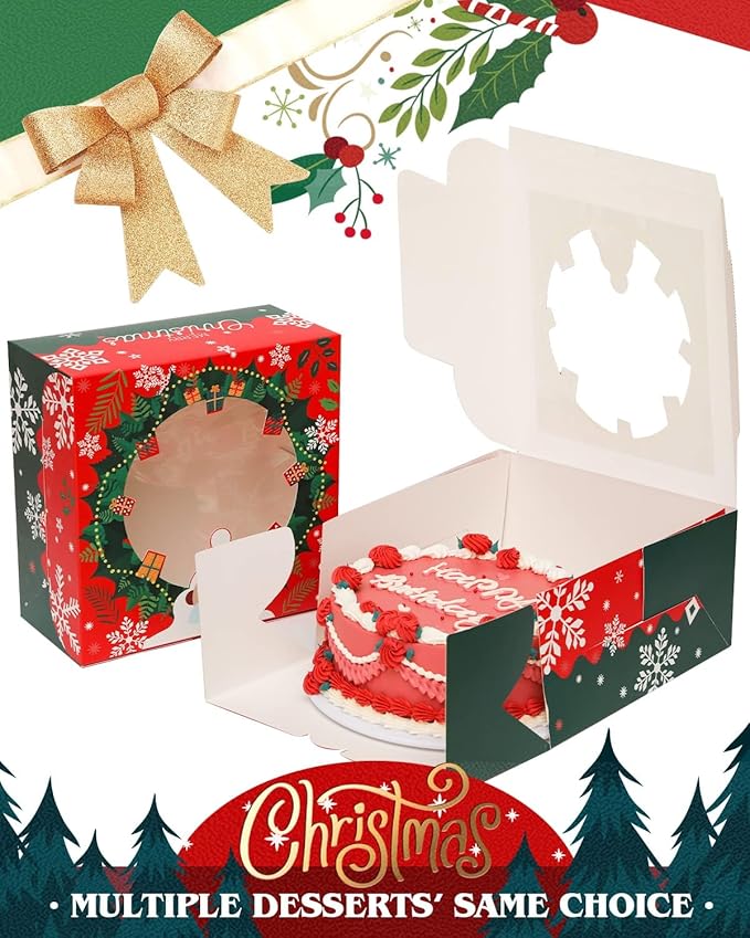 qiqee Christmas 10x10x5 Cake Box, 18 Sets Christmas Cake Box with Window ＆ 18 Sets 10" Santa Cake Round Boards, 10inch Cake Containers