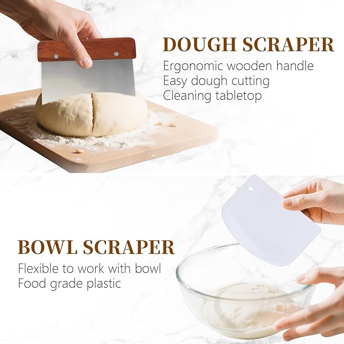 Banneton Bread Proofing Basket Set of 2 9 inch Round Dough Proofing Basket，Sourdough Starter Kit with Linen Liner, Lame, Dough Whisk,Complete Sourdough Bread Baking Supplies
