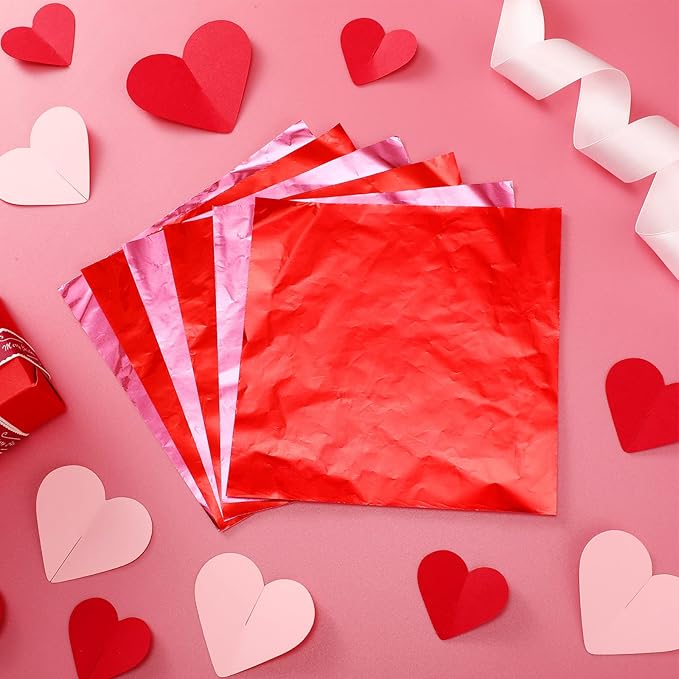 400 Sheets Christmas Foil Chocolate Candy Wrappers Aluminum Tin Foil Wrapping Paper for Packaging Decoration Red Green Wrappers DIY Baking Homemade Food Party Favors 6 x 6 Inches(Red, Pink)