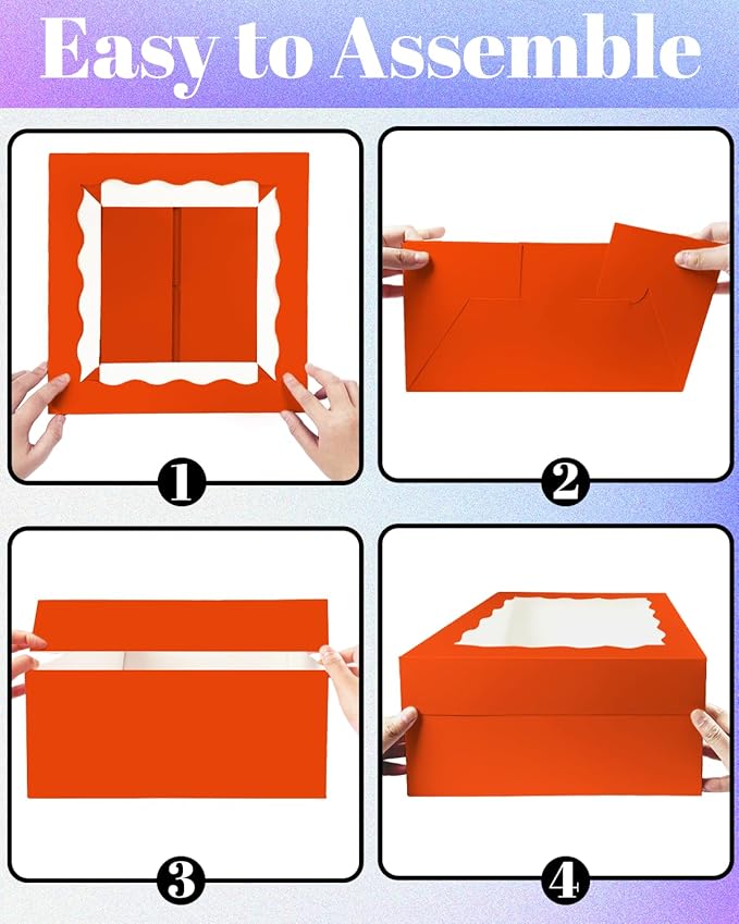 Bakepacker 36pcs 12x12x6 Inches Cake Boxes with Window 18-Packs Orange Cake Boxes 12 Inch Bakery Boxes (18 Cake Boxes +18 Cake Boards)