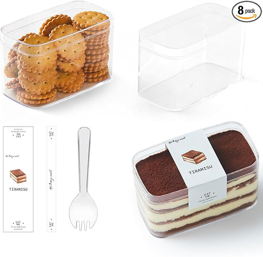 Plastic Rectangle Dessert Cups Boxes with Lids and Sporks,packaging for baked,Cookie Tiramisu Containers for Fruit,Pudding,Mousse,Parfait Cups With Lids(8, Rect 4.6*2.4*2.7 IN-Boxes+Sporks+stickers)