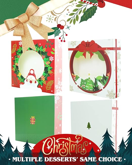 qiqee New Christmas Pie Boxes with Window 10x10x2.5 Inch 12Packs Cookie Donut Bakery Box