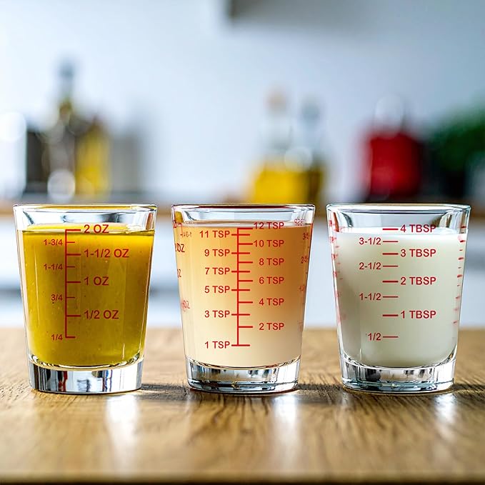 Amazing Abby - Melinda - 4-Pack Plastic Measuring Cups, 2-Ounce Unbreakable Shot Glasses, Food-Grade Measuring Jugs, Stackable and Dishwasher-Safe, Great for Espresso, Liquor, and More