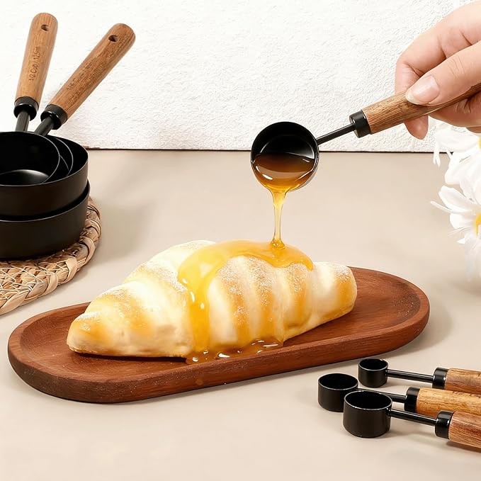 SHENLIU 8 Pcs Measuring Cups and Spoons Set, Black Stainless Steel Measuring Cups with Wooden Handle, Metal Measurings Spoons Set Nesting Kitchen Measure for Kitchen Baking