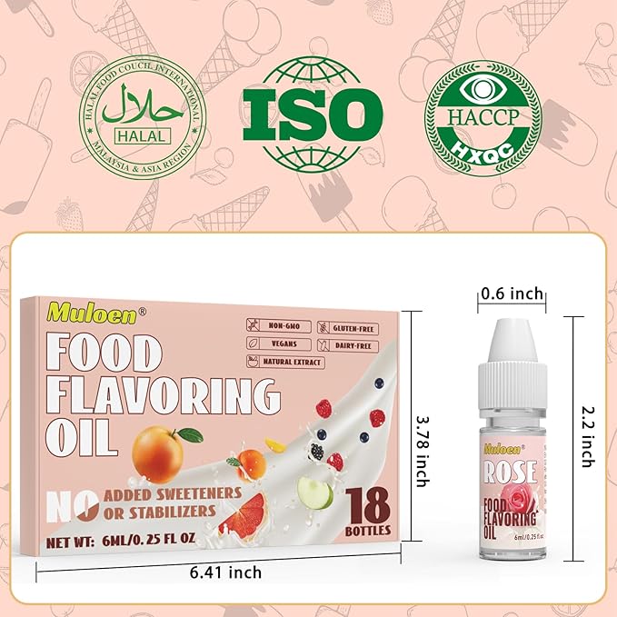 Food Flavoring Oil, 18 Flavors Candy Flavoring, Concentrate Imitation Flavor Extract for Baking, Lip Gloss, Drinks, Cooking, Soap - Water & Oil Soluble - .25 Fl Oz (6 ml) Bottles