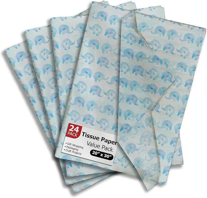 Blue Elephant Printed Tissue Paper for Gift Bags or Boxes and Wrapping - Baby Shower Bulk Decorative Art Tissue Paper for Packaging and Gifting | 24 Sheets 20" x 30"