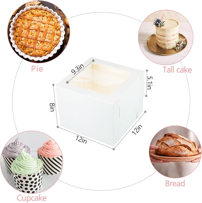 Yeplan 5 Packs Tall Cake Box and Cake Boards,12x12x8 inches Cake Boxes with Window,White Cake Containers for Birthday,Wedding,Baby Shower,Multi-Layer Cake Display