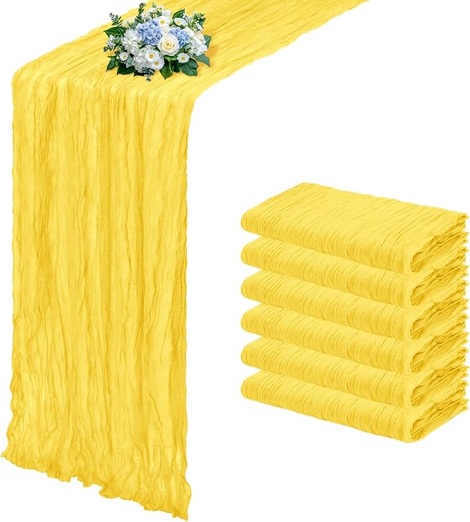6 Pack Lemon Yellow Cheesecloth Table Runner 17x108 Inch Semi Sheer Boho Gauze Cheese Cloth Fabric Table Runners, for Wedding Party Baby Shower Birthday Home Decor Garden Farmhouse