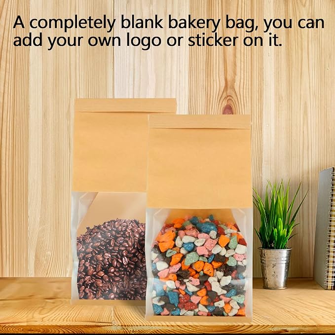 QTLCOHD 100 Pcs Bakery Bags with Window - 5.1 x 4.3 x 11 Inch Tin Tie Tab Lock Small Paper Bread Bags for Homemade Bread, Cookie, Pastry, Loaf, Treat Packaging, Brown