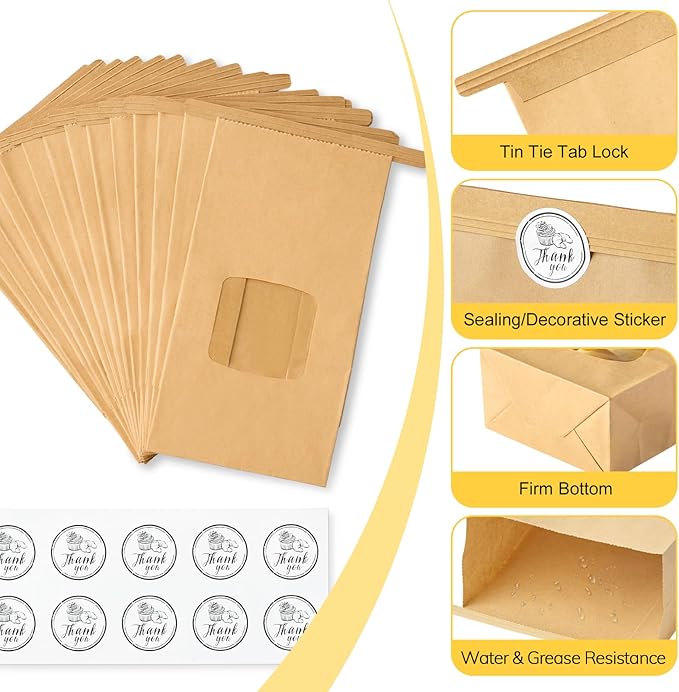 Ocmoiy 100Pcs Small Bakery Cookie Bags with Window, 3.5x2.36x6.7 Inch Tin Tie Tab Lock Kraft Paper Bags with Thank You Stickers for Cookie, Coffee, Bread