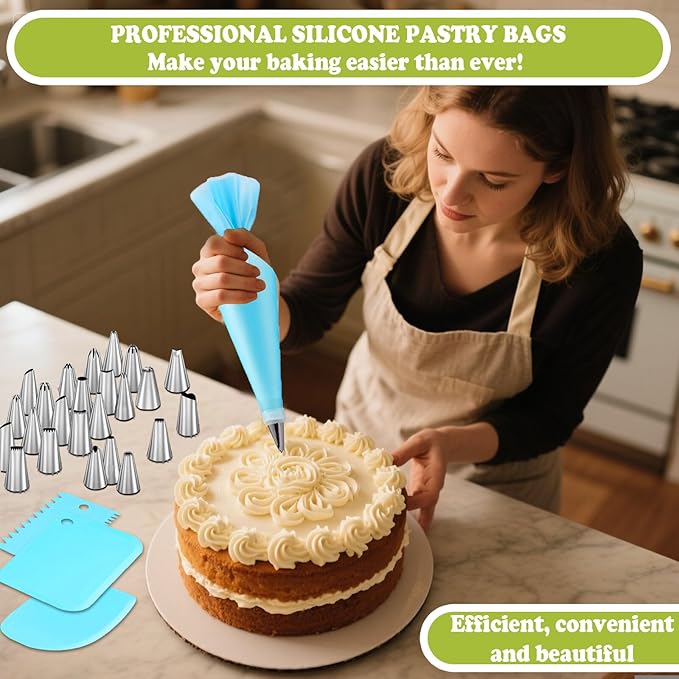 FANTEXY Piping Bags and Tips Set，29 Pieces Cake Decorating Supplies Kits with 24 Icing Tips, 1 Couplers, 1 Reusable Pastry Bag and 3 Scrapers, Piping Bag Tips for Cookie, Cupcake Decorating Kit