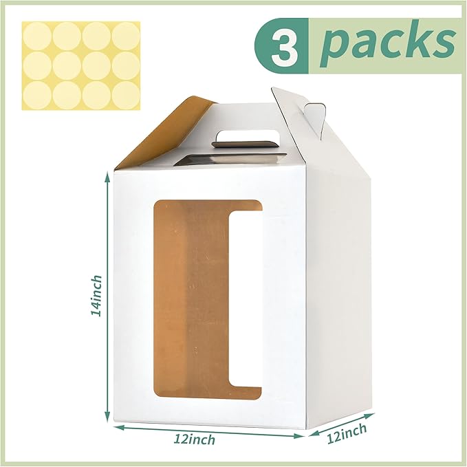 3 Pack Tall Cake Boxes for Tier Cakes,12 x12x14 Inches Large Tiered Cake Carriers with Windows,10in 12in Disposable Layer Tall Baking boxes with Handle for Birthday,Wedding,Party