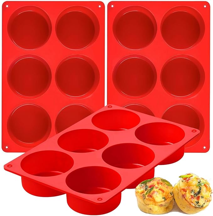 Silicone Egg Bite Molds, 3 Pack Deep 3 Inch Dash Egg Cups Sous Vide Mold Round Rolls Molds for Breakfast Sandwiches Omelets Dinner Rolls Baking - Red