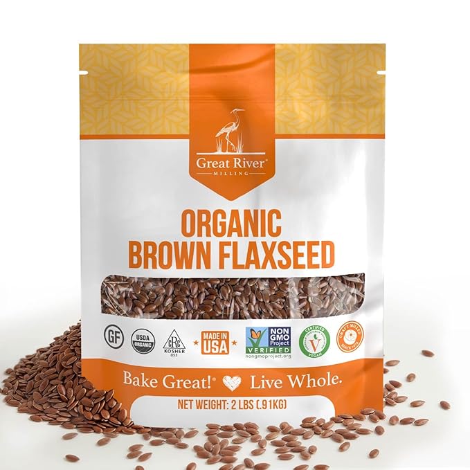 Great River Milling Organic Whole Grain Brown Flaxseed | High-Fiber, Omega-3 Rich Superfood | Gluten Free, Non-GMO, Kosher, USDA Organic | Ideal for Baking, Smoothies & Home Milling | 2 Lb