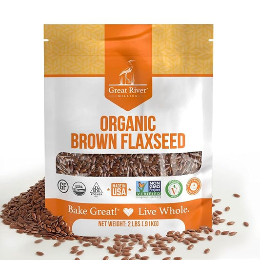 Great River Milling Organic Whole Grain Brown Flaxseed | High-Fiber, Omega-3 Rich Superfood | Gluten Free, Non-GMO, Kosher, USDA Organic | Ideal for Baking, Smoothies & Home Milling | 2 Lb