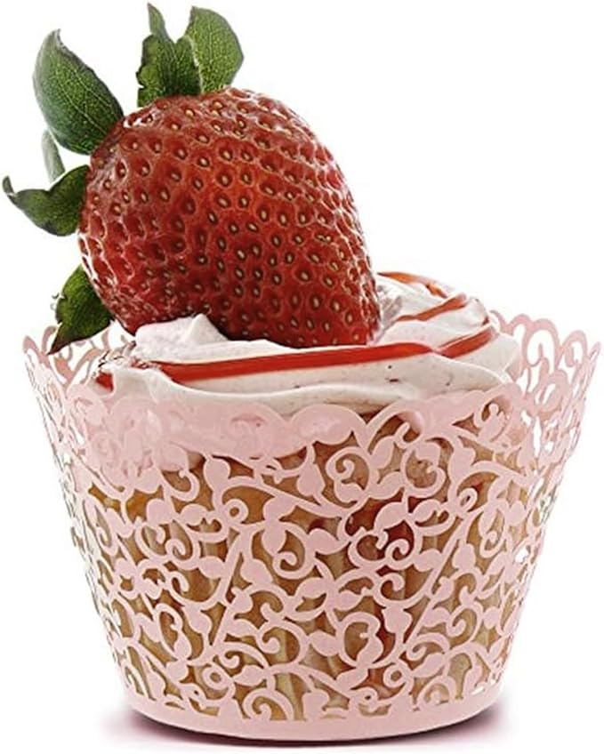 GOLF 100Pcs Cupcake Wrappers Artistic Bake Cake Paper Filigree Little Vine Lace Laser Cut Liner Baking Cup Wraps Muffin CaseTrays for Wedding Party Birthday Decoration (Pink)