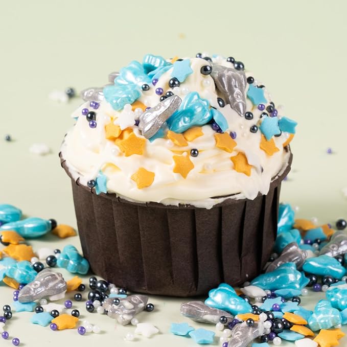Space Theme Sprinkles Edible Blue Sliver Rocket Stars Sprinkles Galaxy Spacecraft Pearls Sugar Candy for Cookie Decorations Baking Cake Cupcake Topper Decoration 4.2 Ounce
