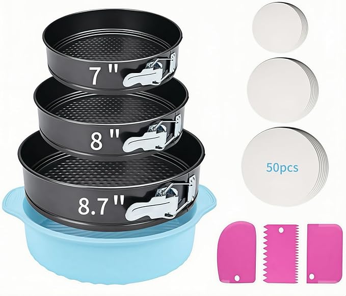 7 8 8.7 In Springform Pan, Round Leakproof Nonstick Removable Bottom Cheesecake Pan, Baking Silicone Protector with 50PCS Parchment Paper