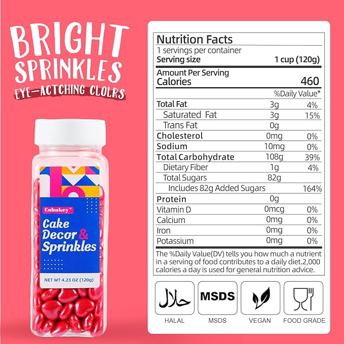 Red Heart Sprinkles for Cake Decorating 4.23 oz Edible Red Hearts Sugar Candy Sprinkles for Cookies Chocolate Ice Cream Cupcake Topper Perfect for Wedding Valentine’s Day, Wedding, Christmas & Holiday