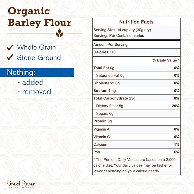 Great River Organic Milling Organic Barley Flour | Unbleached, Unbromated, Non-GMO, Kosher | High Fiber, Nutty Flavor Perfect for Breads, Pancakes, & More | 25 Lb