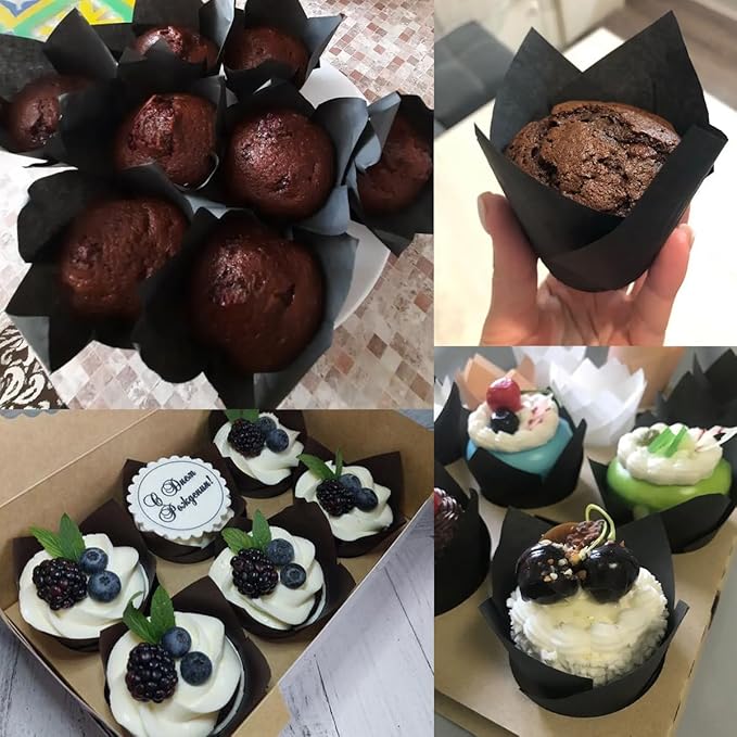 150 Pieces Tulip Cupcake Muffin Liners Paper Baking Cups Greaseproof Cupcake Wrappers for Birthday Wedding Party Baby Showers Catering Restaurants(Black)