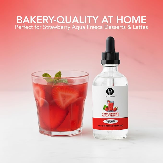 Dolce Flav Natural Strawberry Agua Fresca Extract, Water-Soluble – 2 oz | Fresh Sweet Strawberry Flavoring for Beverages, Desserts & Syrups – Sugar-Free, Kosher, Allergen-Free